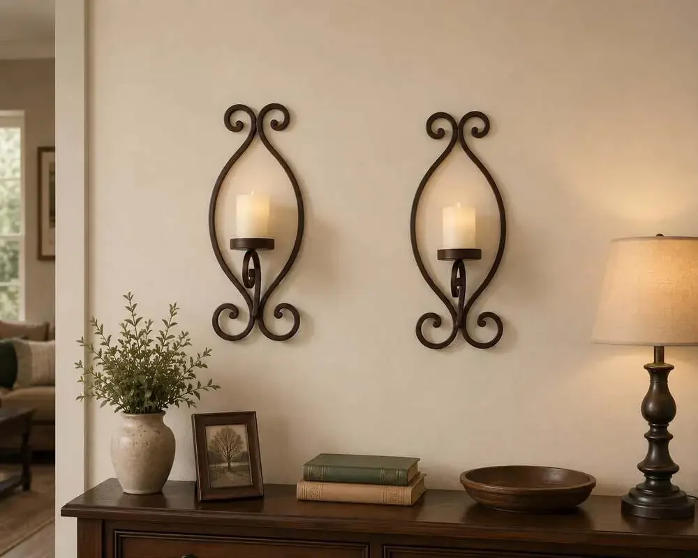 Set of 2 Vintage Style Wrought Iron Scroll Wall Sconce Candle Holders